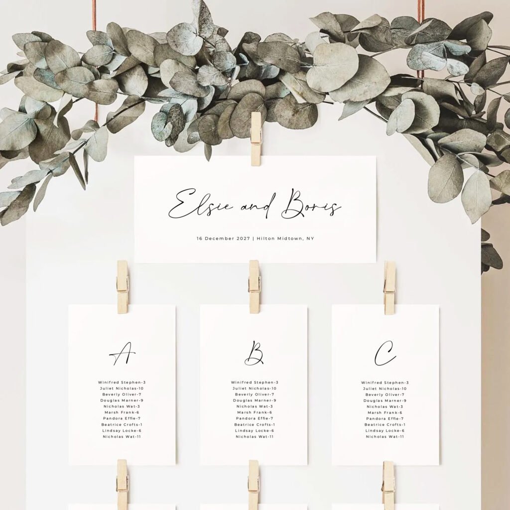 Printable Modern Wedding Table Seating Chart Card Template Hanging