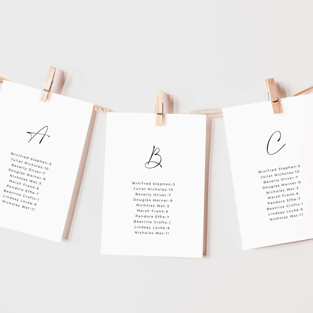 Printable Modern Wedding Table Seating Chart Card Template Hanging